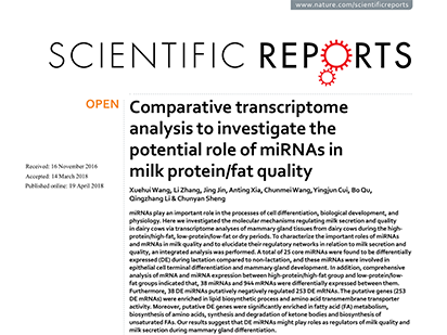 Wang X, et al. Comparative transcriptome analysis to investigate the potential role of miRNAs in milk protein/fat quality. Sci Rep. 2018 Apr 19;8(1):6250.