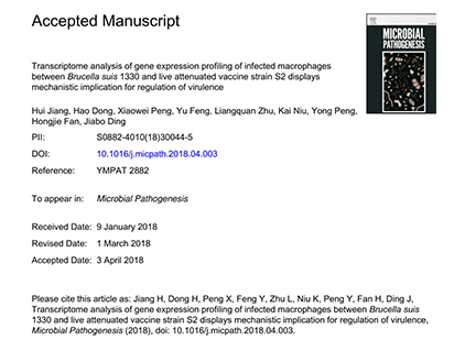 Hui J, et al. Transcriptome analysis of gene expression profiling of infected macrophages between Brucella suis 1330 and live attenuated vaccine strain S2 displays mechanistic implication for regulation of virulence. Microb Pathog. 2018 Jun;119:241-247.